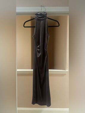 Women’s NUDE High Neck‎ Velour Purple Gray Bodycon Midi Party Cocktail Dress S.